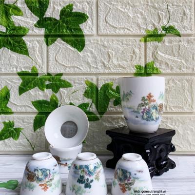 Bộ Ấm Chén Sơn Thủy Tay Tẩu Viền Vàng